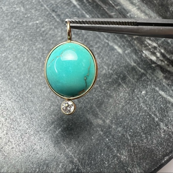 Persian Turquoise Old Mine Cut Diamond Solid 14K Gold Pendant Charm - Picture 3 of 5